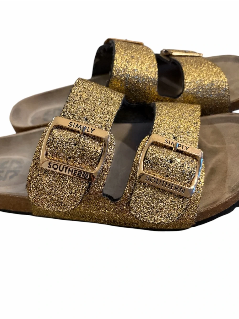 Simply Sourhern Gold Glitter Double-Buckle Slide Sandals Size 7